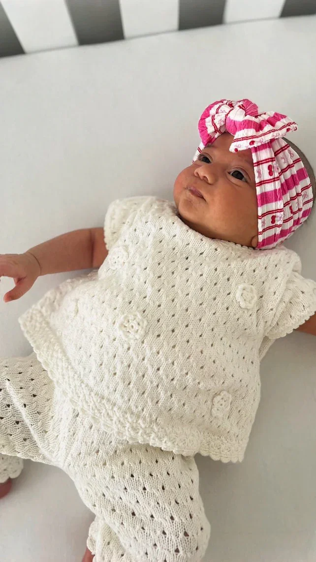Pink Pinstripe Cherry Pattern Smaller Bow Cable Knit Headband - Image 4