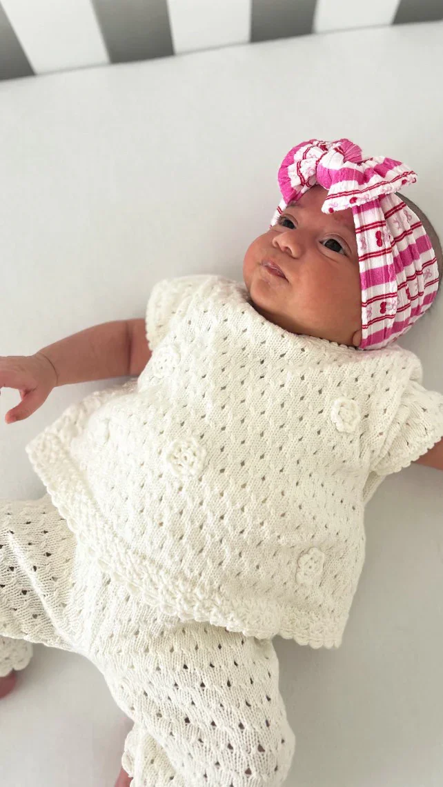 Pink Pinstripe Cherry Pattern Smaller Bow Cable Knit Headband - Image 5