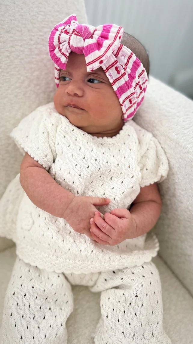 Pink Pinstripe Cherry Pattern Smaller Bow Cable Knit Headband - Image 6
