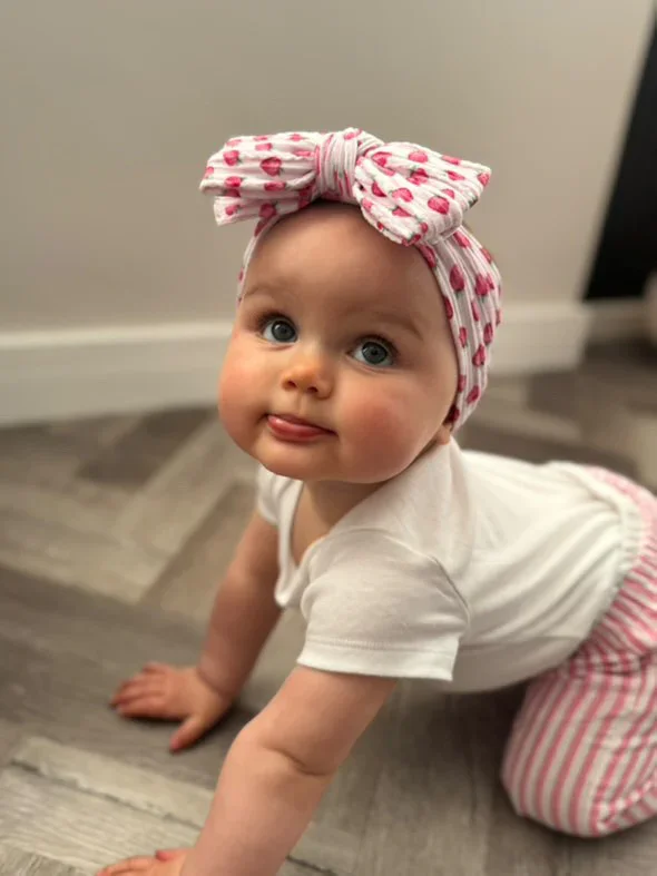 Pink Pinstripe Strawberry Pattern Larger Bow Cable Knit Headband