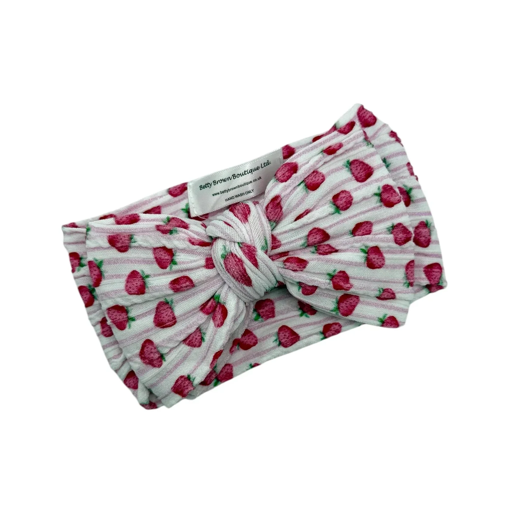 Pink Pinstripe Strawberry Pattern Larger Bow Cable Knit Headband - Image 2