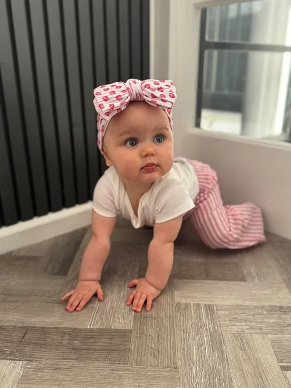 Pink Pinstripe Strawberry Pattern Larger Bow Cable Knit Headband - Image 6