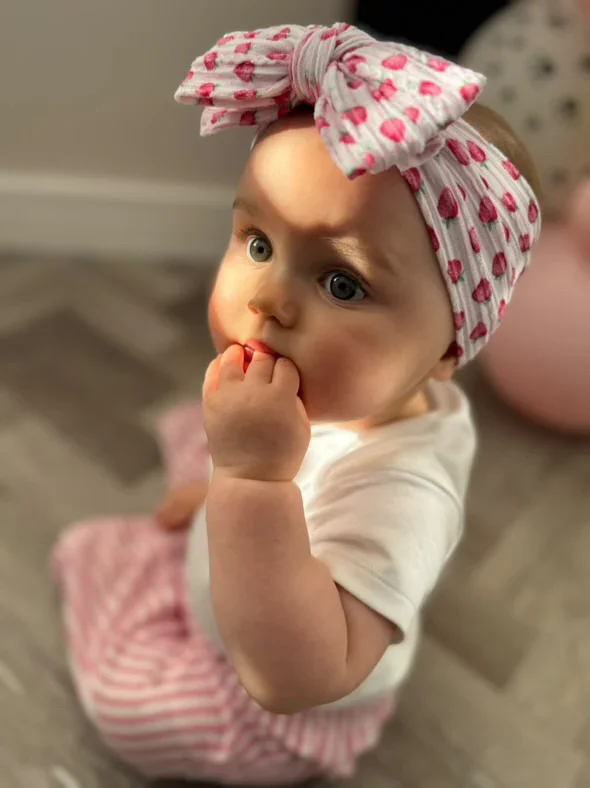 Pink Pinstripe Strawberry Pattern Larger Bow Cable Knit Headband - Image 7