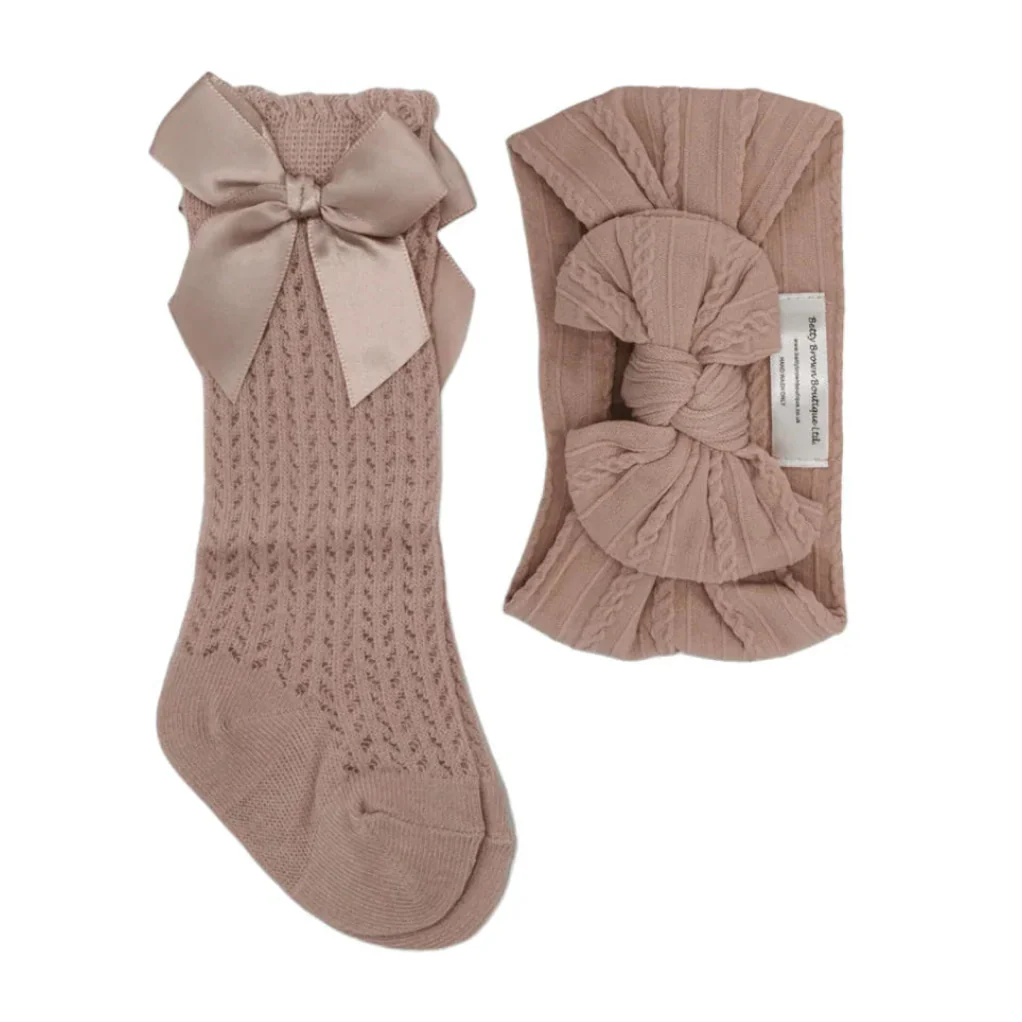 Our Primrose Pink Smaller Headband & Open Patterned Knee High Socks Set