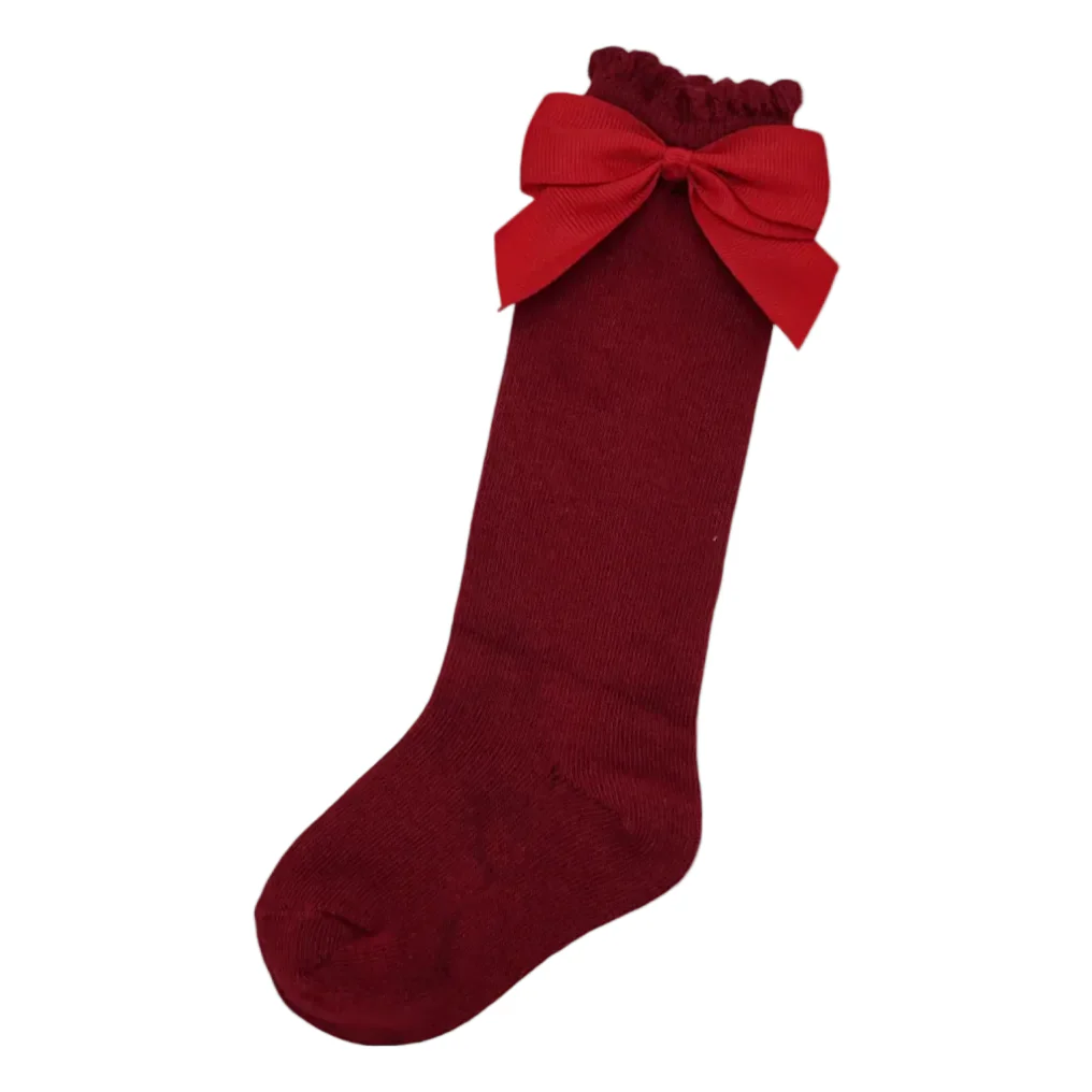 Red Knee High Style Socks With 3 Inch Bow