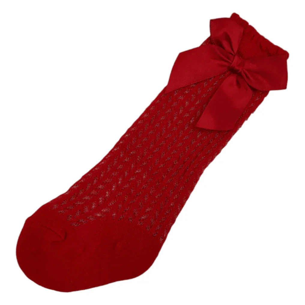 Red Open Patterned Knee High Style Socks With Satin 3 Inch Bow