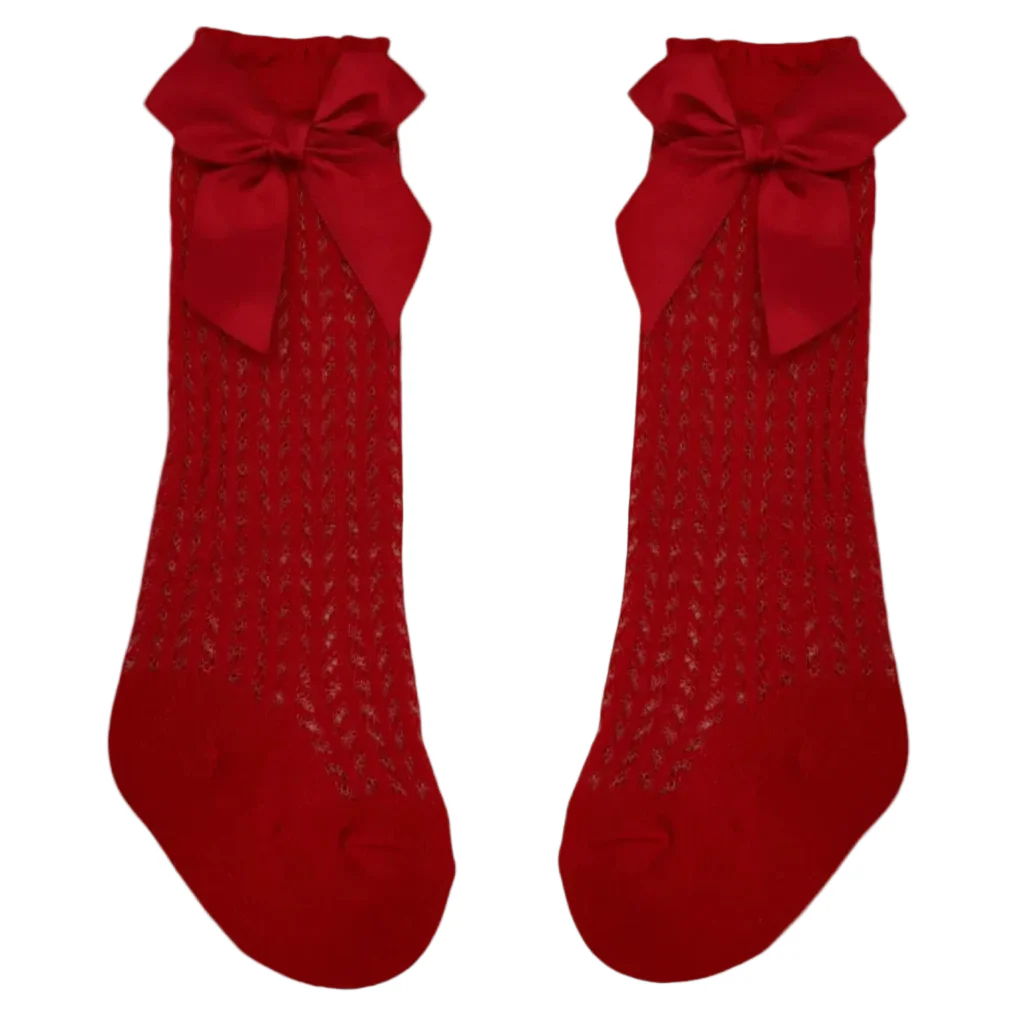 Red Open Patterned Knee High Style Socks With Satin 3 Inch Bow - Image 2
