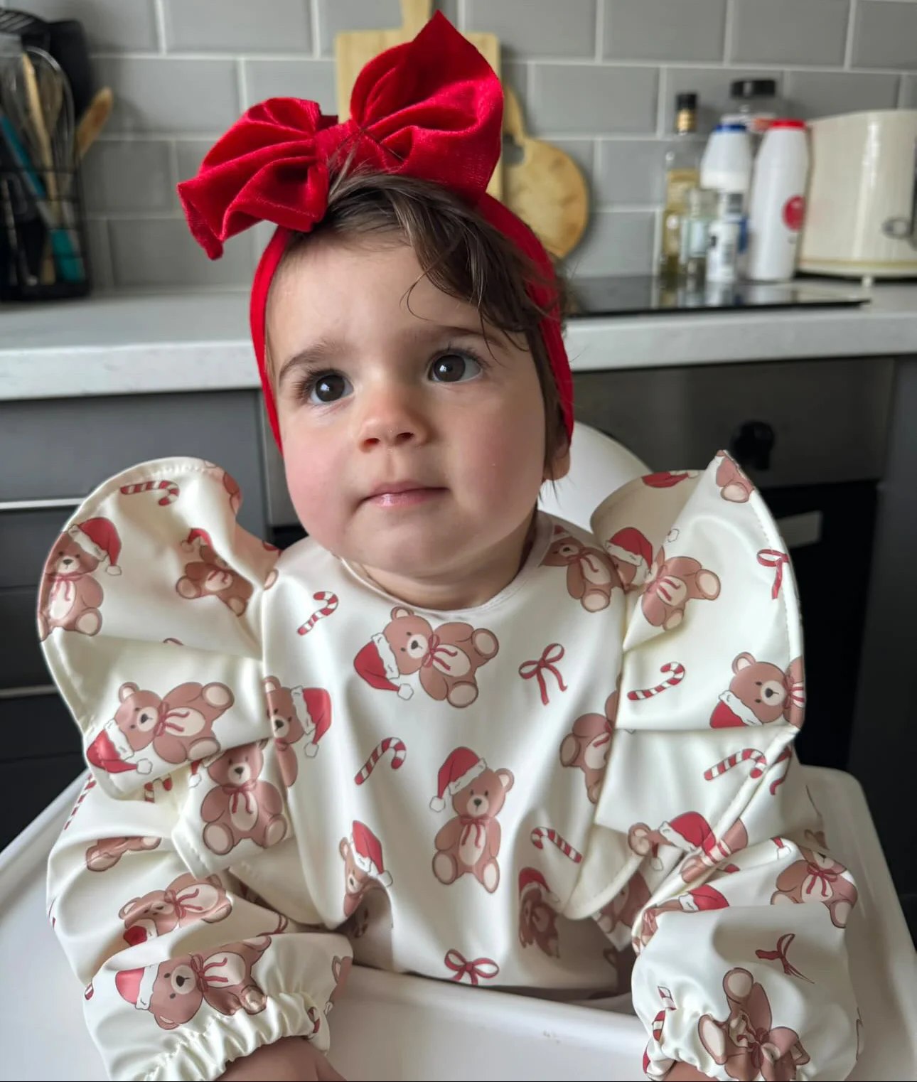 Teddy Bear Christmas Pattern Frill Detailed Waterproof Bib with Sleeves - 2025 - Image 3