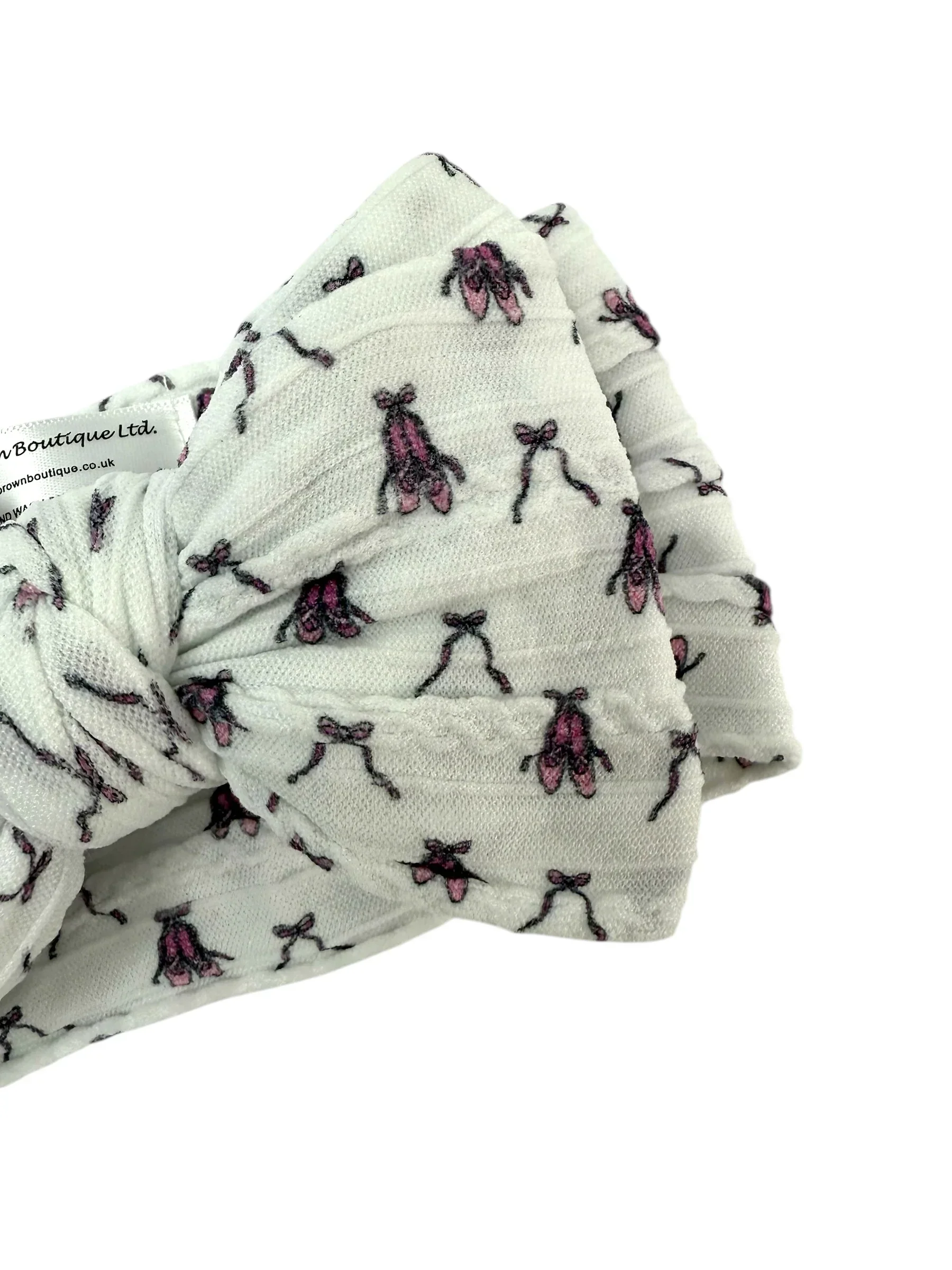 White Ballet Shoe Pattern Larger Bow Cable Knit Headband - Image 2
