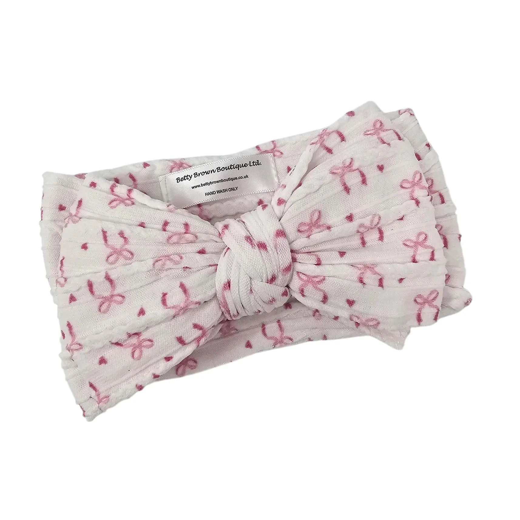 White Bow Pattern Larger Bow Cable Knit Headband - Image 2