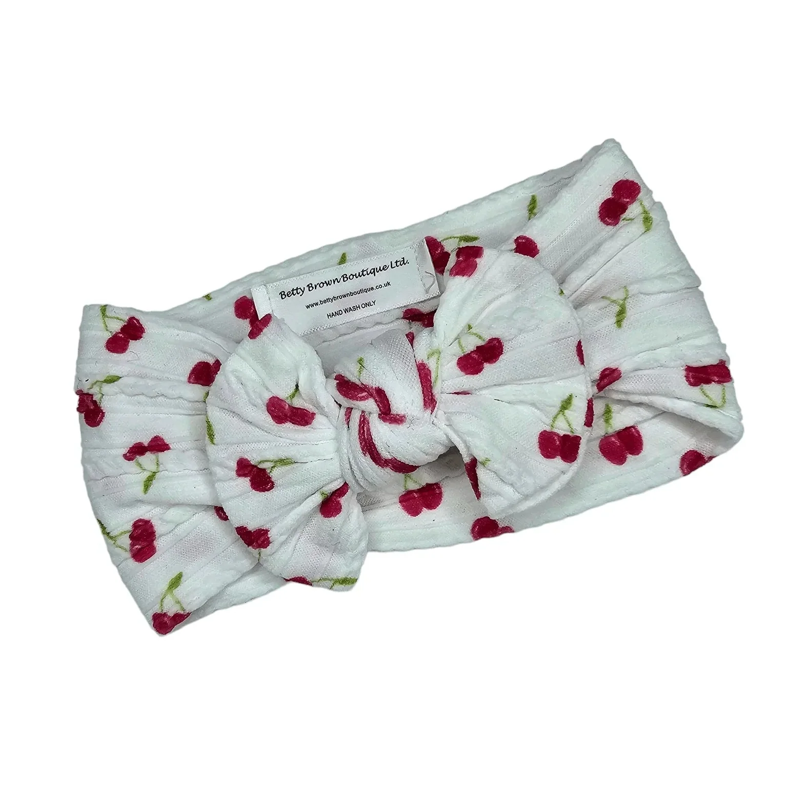 White Cherry Pattern Smaller Bow Cable Knit Headband - Image 2