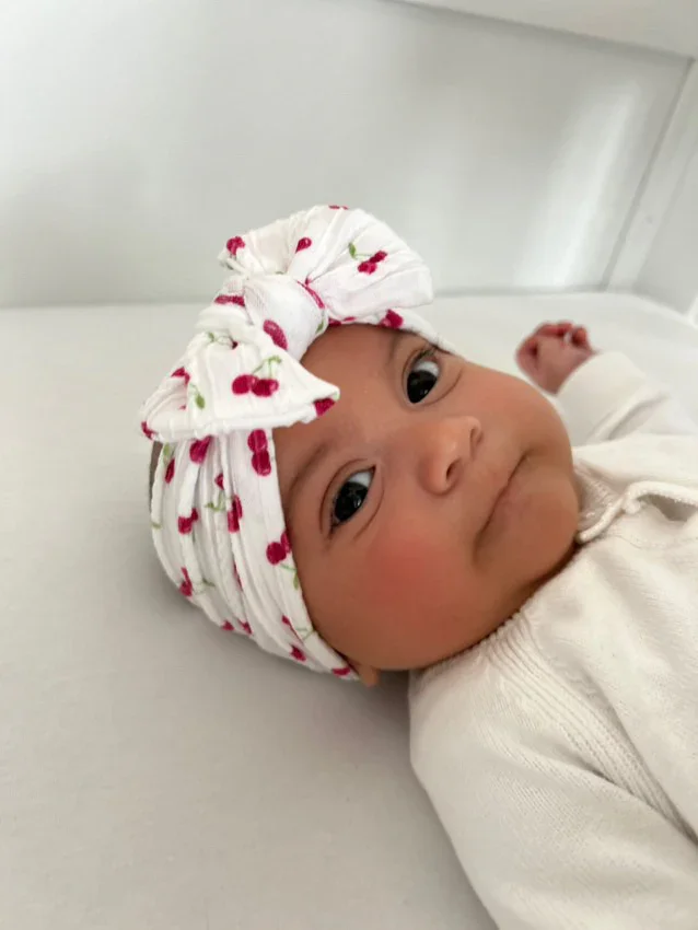 White Cherry Pattern Smaller Bow Cable Knit Headband - Image 3