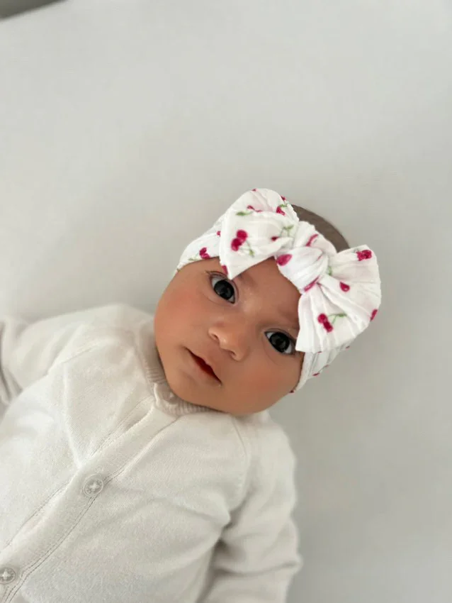 White Cherry Pattern Smaller Bow Cable Knit Headband - Image 4