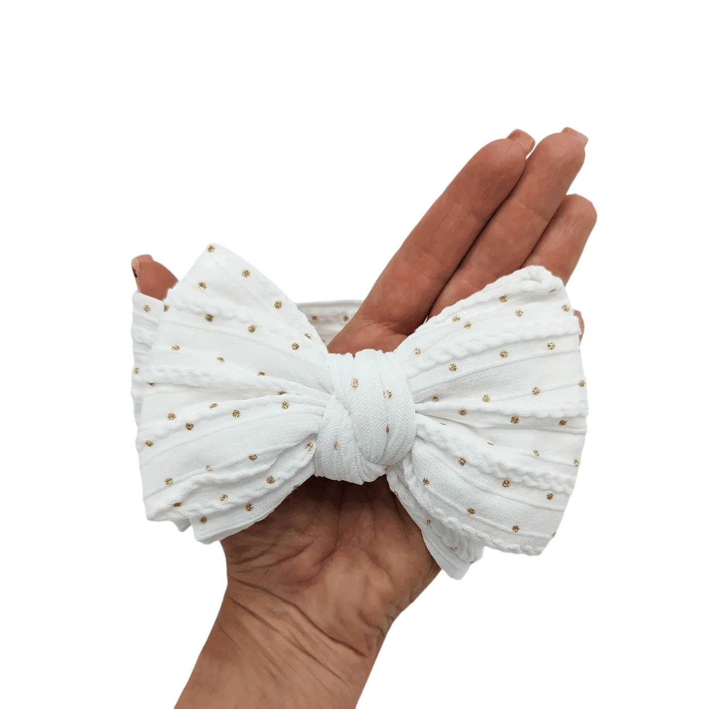 White Gold Spot Larger Bow Cable Knit Headband - Christmas Collection - Image 3
