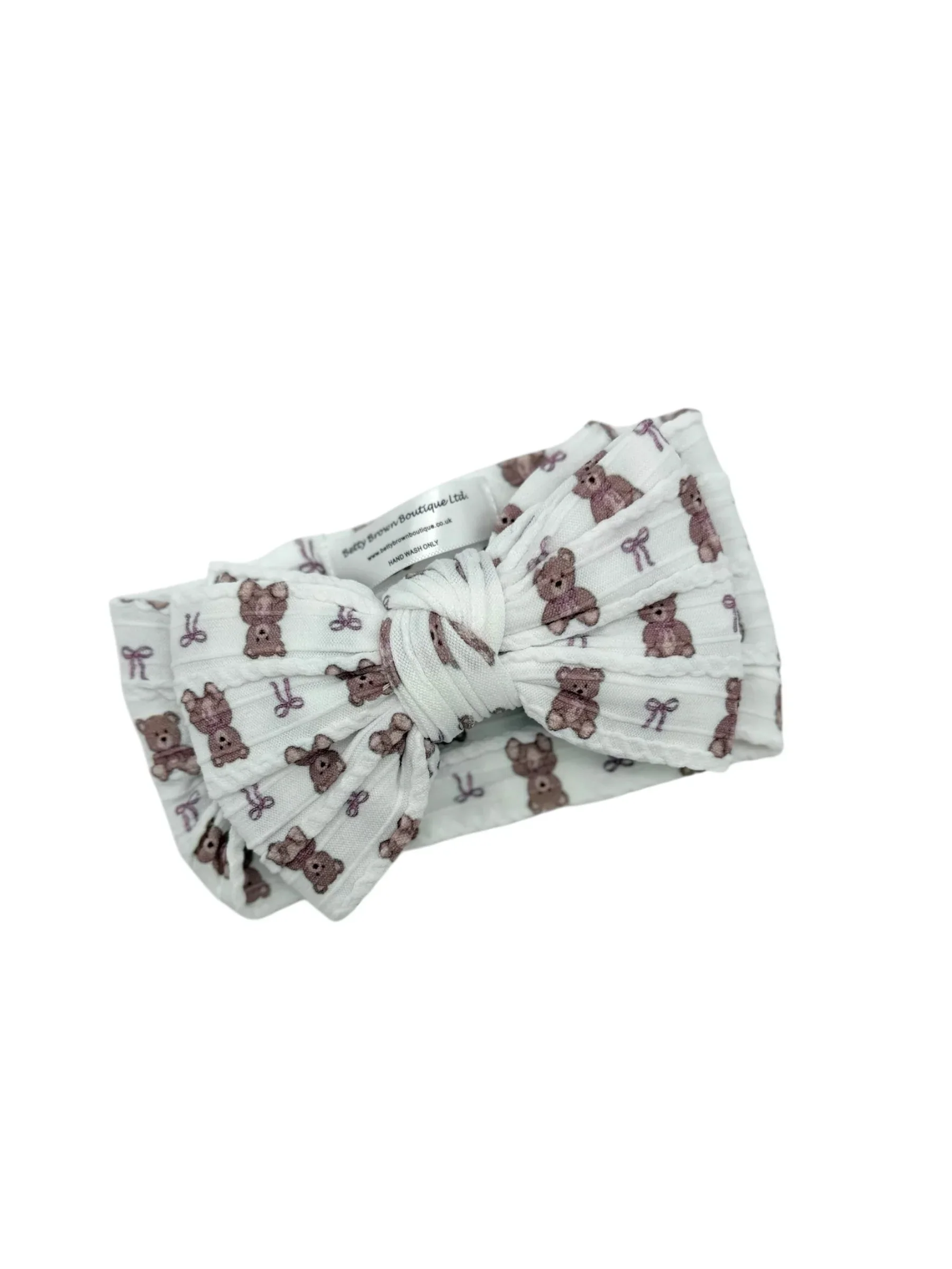 White Teddy Bear Pattern Larger Bow Cable Knit Headband - Image 5